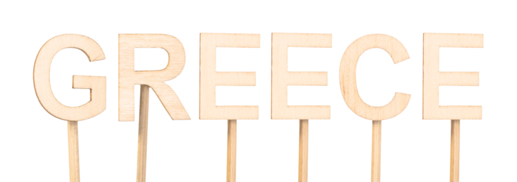 Wooden letters forming the word Greece in a minimalist style.