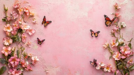 Dreamy pink flowers with scattered butterflies on a pink canvas, ideal for editorial layouts with ample text space