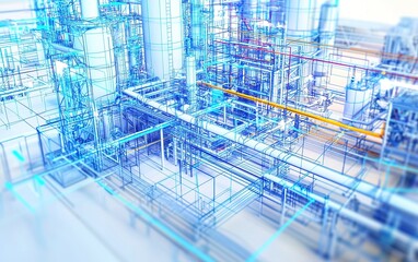 Obraz premium Detailed view of an industrial facility's piping and structural network in a modern processing plant