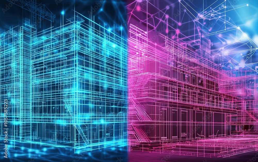 Poster visual representation of a futuristic building design using digital technology with blue and pink ou
