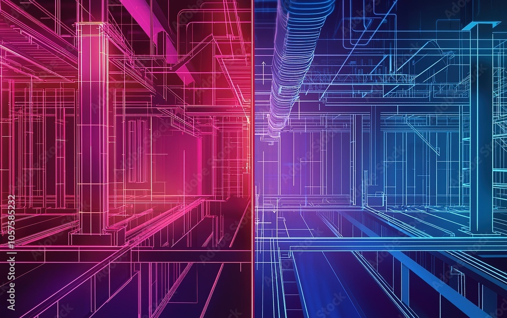 Poster exploring a futuristic digital environment with vibrant pink and blue light patterns in an abstract 
