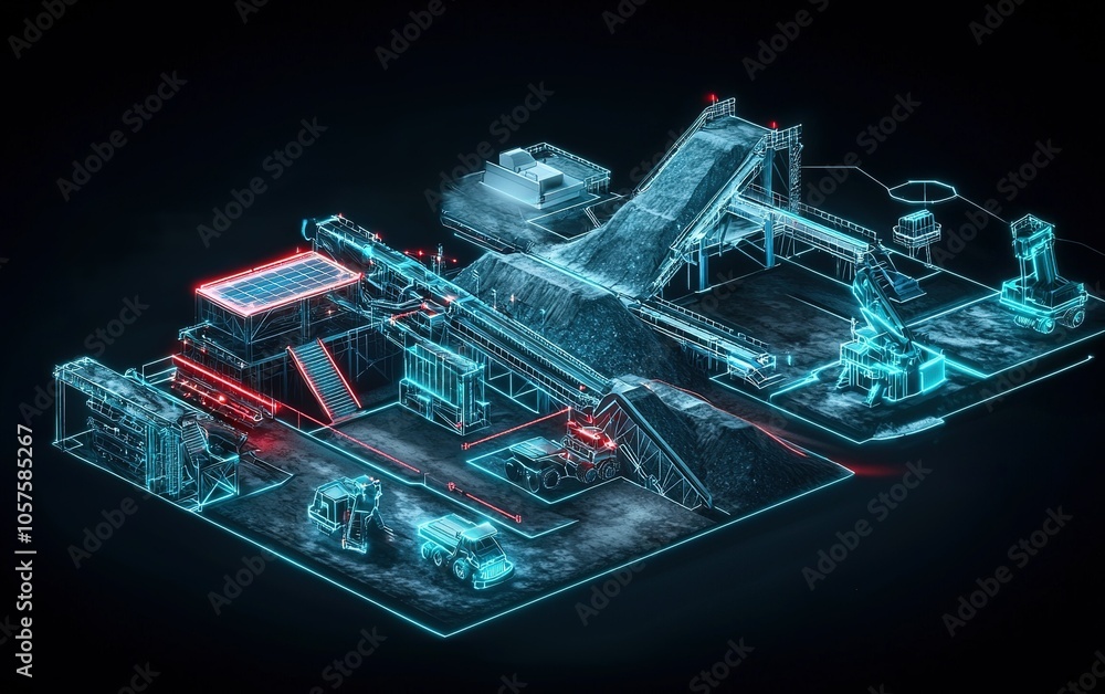 Poster detailed 3d rendering of a mineral processing facility featuring machinery and conveyors in a dark s