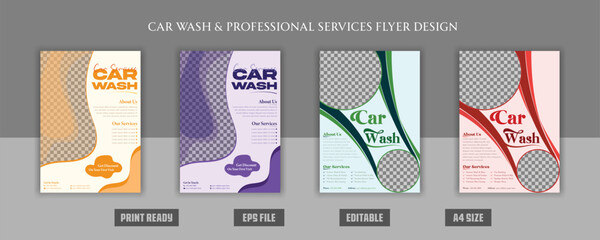 Creative professional modern car wash car care best services, marketing, motion, wax, detailing, technology, clean, clear, shine, print ready a4 eps file template bundles.