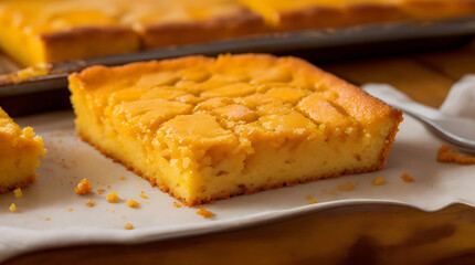 Freshly made close up of baked maple brown butter tasty cornbread of sweet food on a wooden tray background.
