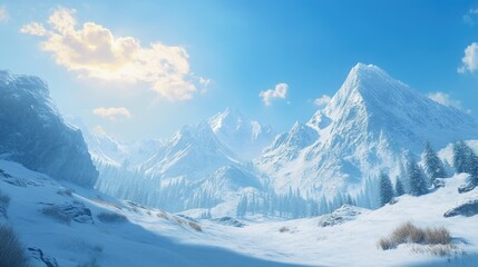 Obraz premium Majestic snowy mountains on a sunny day, clear blue skies overhead, light reflecting off the snow. Peaceful and awe-inspiring.