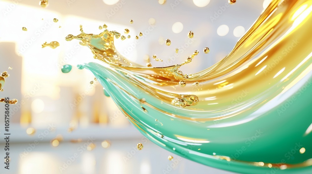Poster captivating golden and turquoise liquid splash with reflexive bokeh background capturing motion and 