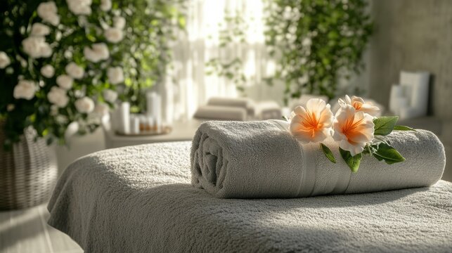 An elegant spa space with a massage table set up for a relaxing session, featuring plush towels and a serene atmosphere.