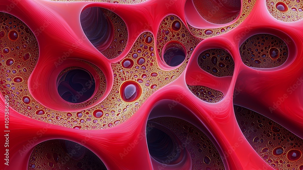 Poster intricate red organic patterns exploring the depths of abstract art through vivid textures and fluid