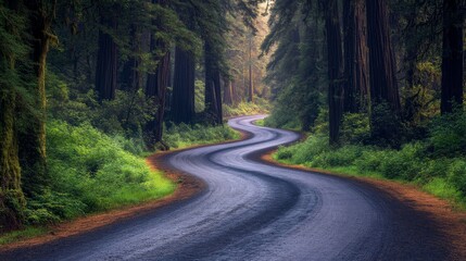 Charming road through a forest of colossal redwoods with a gentle curve leading into the distance in the Redwood National Forest