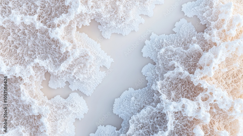 Poster intricate white organic patterns resembling coral structures in a soft ethereal setting for abstract