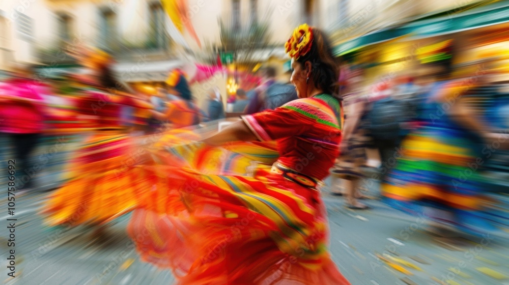 Poster synchronized movements of street performers create a dynamic blur.