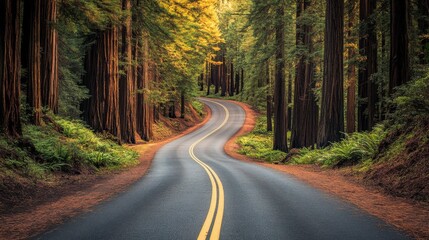 Fototapeta premium Charming road through a forest of colossal redwoods with a gentle curve leading into the distance in the Redwood National Forest