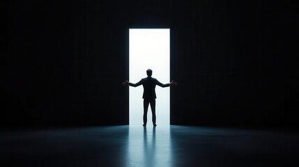 Person standing between light and dark, hands reaching from each side, inner conflict