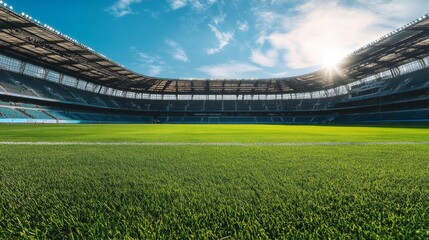Fototapeta premium Football stadium during the day with clear skies, featuring a pristine field and well-maintained seating areas