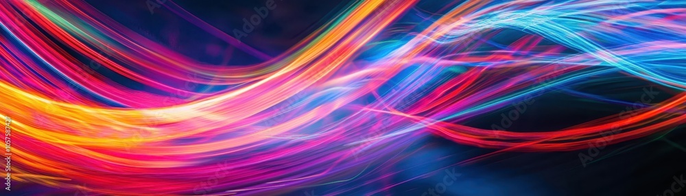Poster vibrant abstract light trails in a spectrum of colors against a dark background, creating a dynamic 