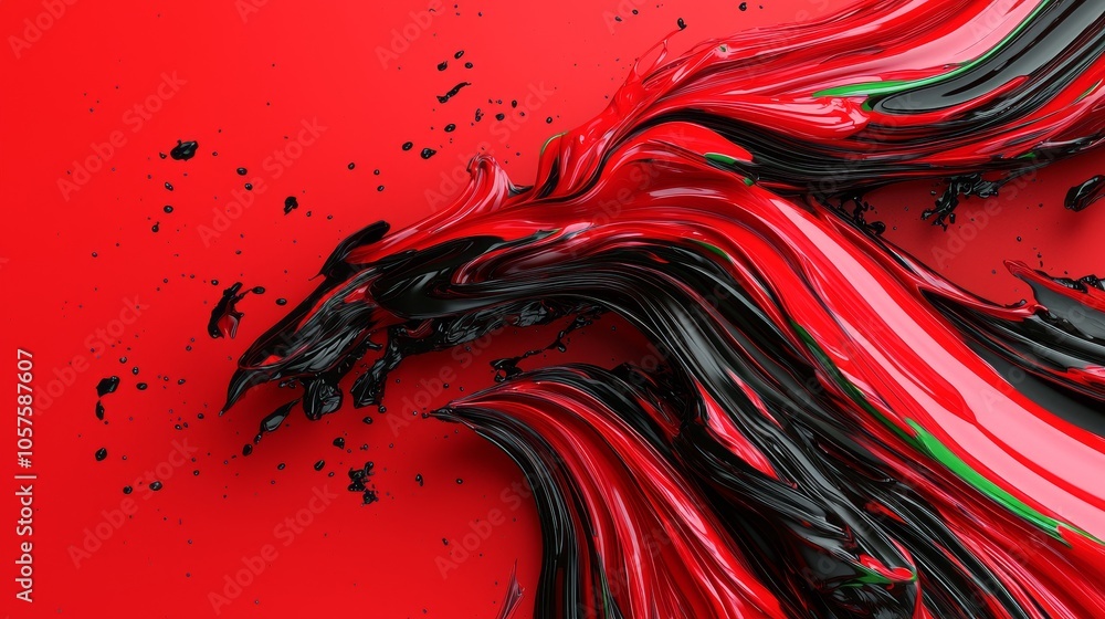 Poster dynamic abstract composition of black and red paint flowing together on a vivid red background evoki