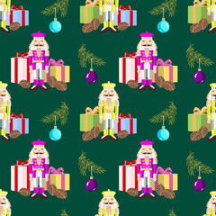 Vector - seamless pattern with Christmas motives, nutcracker, glass balls, fire and gift parcels.