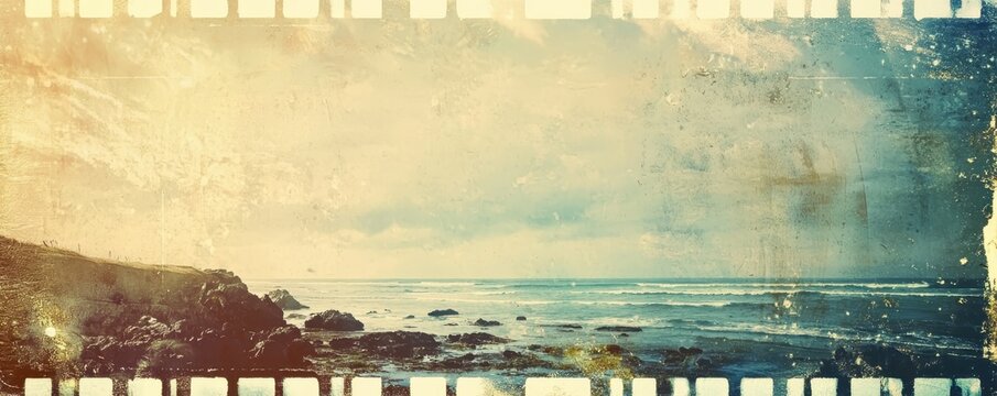 Vintage seascape with rocky shoreline under a wide sky, captured in a textured, nostalgic film style, evoking a timeless coastal atmosphere.