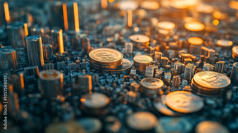 Poster integration of a city view and a series of coins, showcasing the relationship between metropolitan e