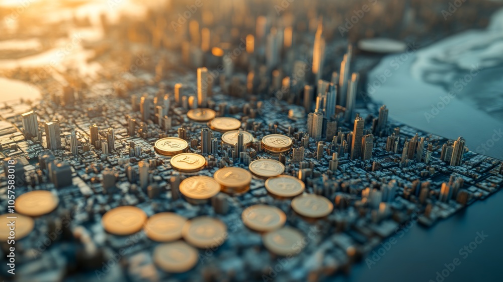 Poster integration of a city view and a series of coins, showcasing the relationship between metropolitan e