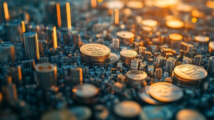 Integration of a city view and a series of coins, showcasing the relationship between metropolitan expansion and financial investment.