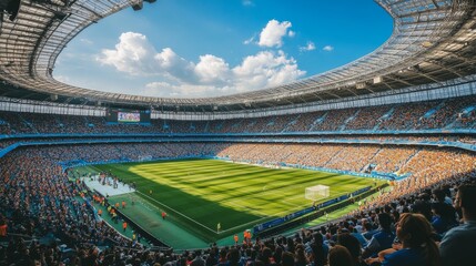 Interior of a football stadium during a major event, capturing the energy of the crowd and the intensity of the game
