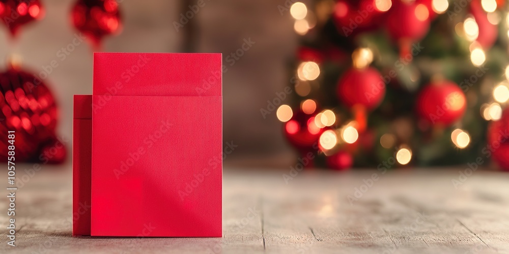 Poster red envelope on festive background with bokeh lights