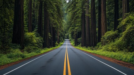 Fototapeta premium Long, straight road cutting through the lush landscape of Redwood National Forest, with immense redwood trees stretching towards the sky