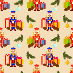 Vector - seamless pattern with Christmas motives, nutcracker, glass balls, fire and gift parcels.
