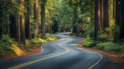 Fototapeta premium Majestic redwood trees frame a winding road in the Redwood National Forest, creating a tunnel of greenery for travelers to enjoy