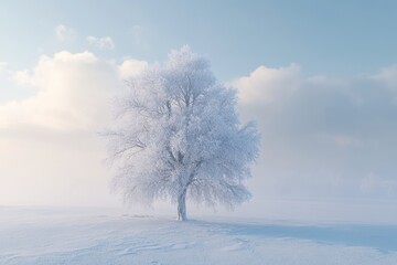 The tree covered with hoarfrost in a fog