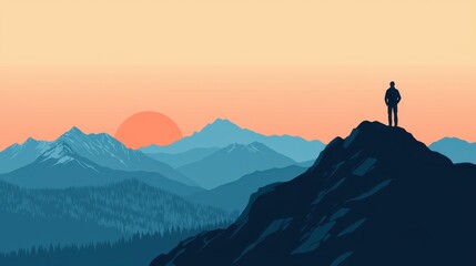 Silhouette of a person standing on a mountain peak at sunset, overlooking distant ranges under a colorful sky. Peaceful and inspiring scene.