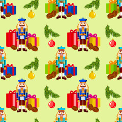 Vector - seamless pattern with Christmas motives, nutcracker, glass balls, fire and gift parcels.