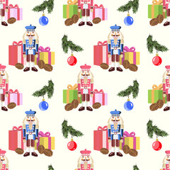 Vector - seamless pattern with Christmas motives, nutcracker, glass balls, fire and gift parcels.