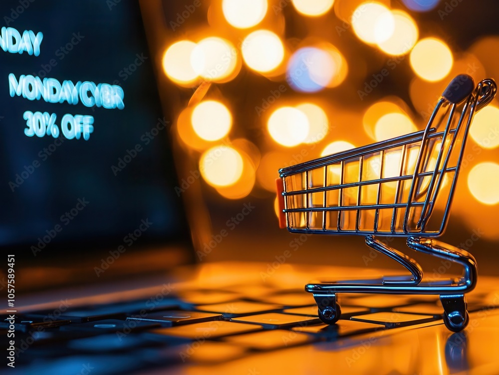 Poster a metallic shopping cart toy rests on a laptop keyboard, with glowing bokeh lights and a discount me