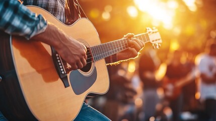 Musician strumming an acoustic guitar on stage during an outdoor festival