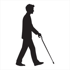 Silhouette of a blind man walking with a cane on a white background 
