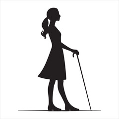 Silhouette of a blind man walking with a cane on a white background 