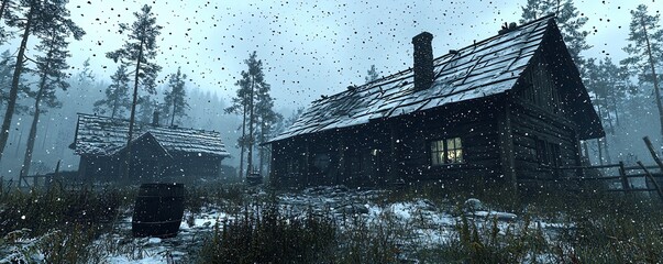 Fototapeta premium Snowy Forest Cabin Landscape Winter Wonderland Cozy Wooden Cottage Nature Scenery Forest Background