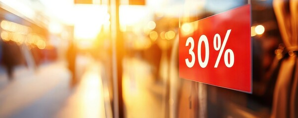 A close-up of a vibrant window sticker displaying a 30% discount, with a warm sunset glow in the background, emphasizing a shopping promotion.