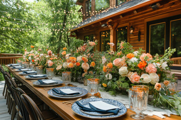 Fototapeta premium Outdoor Brunch Setting On A Sunny Patio With Floral Table Arrangements, Vintage Tableware, And String Lights Overhead, Creating A Cheerful And Inviting Brunch Atmosphere