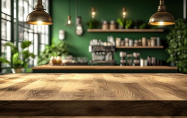 Obraz premium A kitchen with a wooden counter top and a green wall. There are two light fixtures above the counter