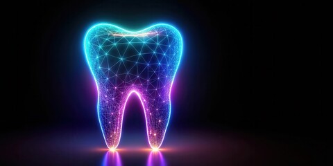 Neon hologram tooth with copyspace for dental prosthetics and oral health concept