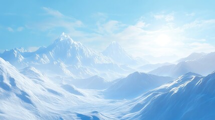 Fototapeta premium Snow-covered mountains illuminated by sunlight, under a bright blue sky. Captures the beauty of winter in a serene, sunny setting.