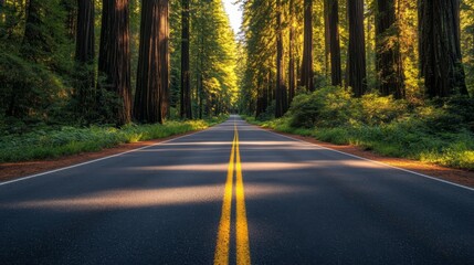 Fototapeta premium Scenic road bordered by towering redwoods with patches of sunlight creating a dappled effect on the asphalt in Redwood National Forest
