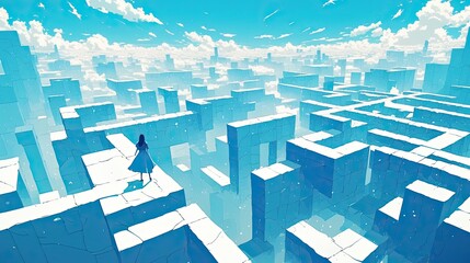 Obraz premium A lone figure stands on a ledge overlooking a blue city maze.