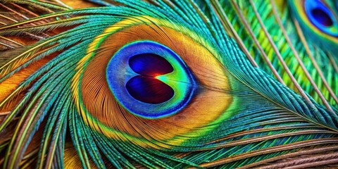 Obraz premium Vibrant Peacock Feather Close-Up with Blue Eye Detail for Colorful Nature Background