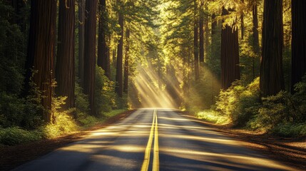 Fototapeta premium Scenic road bordered by towering redwoods with patches of sunlight creating a dappled effect on the asphalt in Redwood National Forest