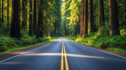 Obraz premium Scenic road bordered by towering redwoods with patches of sunlight creating a dappled effect on the asphalt in Redwood National Forest