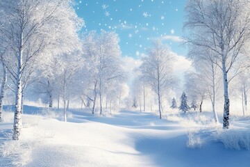 Winter Christmas landscape with snowy trees  snowdrifts  and blue sky.